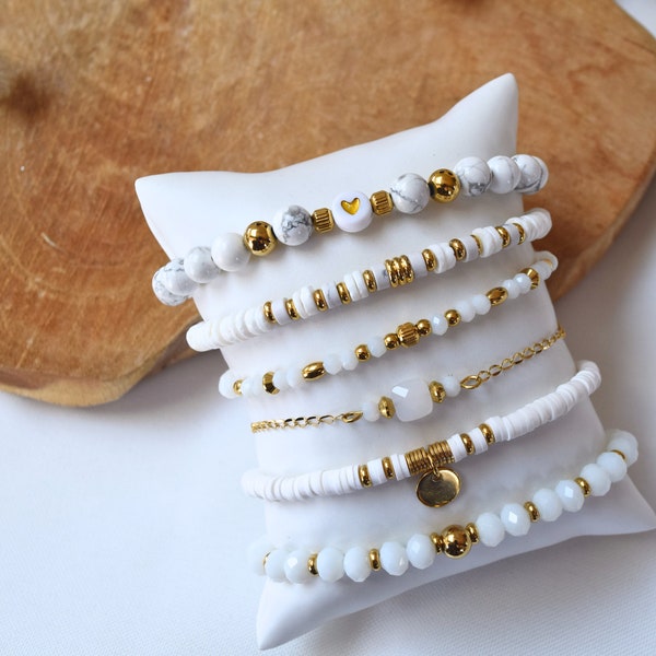 Bracelet en perles blanches et acier inoxydable argenté ou doré - cadeau pour elle, ajustable, fin, raffiné, bijoux hypoallergénique