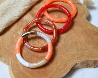 Colorful elastic bangle bracelet - curved resin tube beads - trendy, retro, vintage, boho jewelry