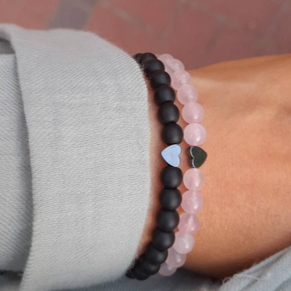 Jewellery Couples Bracelets,Rose Quartz &Onyx Couple Bracelets set-Matching-Anjustable -Distance Couples for Bracelets-Gift for him