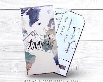 Conjunto de ahorros para vacaciones / Sobres de viaje personalizados + Rastreador + Boletín de objetivos / Insertos para carpeta de presupuesto