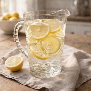 May include: A clear glass pitcher filled with water and lemon slices. The pitcher has a decorative starburst design and a handle. A half lemon sits on a linen napkin on a wooden table. A bowl of lemons is in the background.