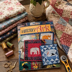 Puede incluir: Imagen de naturaleza muerta con un libro de patchwork titulado "A Quilter's Ark", pilas de tela, carretes de hilo, tijeras doradas y un cortador rotatorio. Un jarrón con flores blancas está en el fondo. La portada del libro muestra diseños de bloques de patchwork.