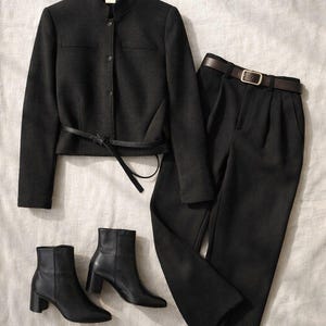 May include: A black ensemble comprising a jacket with a mandarin collar, trousers with a belt, and ankle boots. The jacket has a belt, and the boots have a block heel. The outfit is displayed on a neutral background. The trousers have a pleated design.