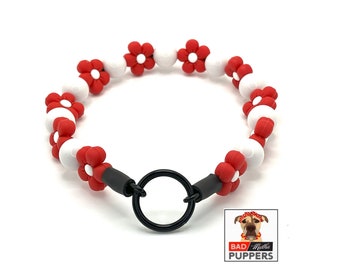Red Daisy Beaded Dog Collar, Slip-on Style, Girly Boho Accessory