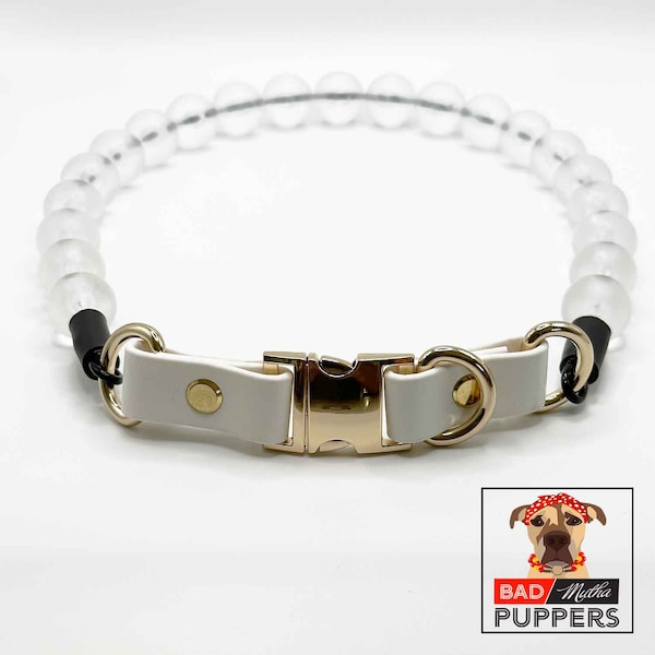 White Acrylic durable beaded dog collar, unique glam pearl necklace for large dog, Boho pearl beads, gift for spring, free shipping