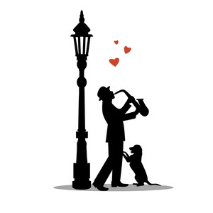 Dog print, Pet Lover Gift, Pet Art Print, Saxophone Player, dog silhouette