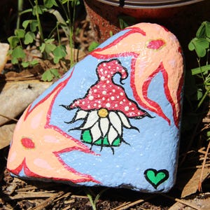 painted gnome stone, mushroom gnome, garden protector, hand painted rock