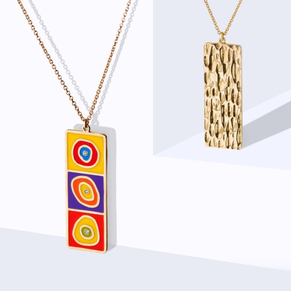 Wassily Kandinsky Necklace, ''Several Circles" Artistic Gold Pendant with Diamonds, Enamel Rectangular Plate Jewelry Art