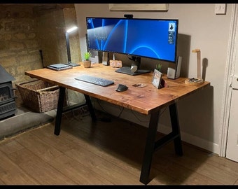 Flamed Bespoke Rustic Computer Desk with A Frame Industrial Legs