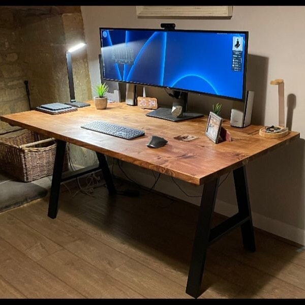 Flamed Bespoke Rustic Computer Desk with A Frame Industrial Legs