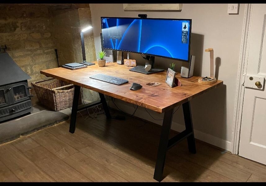 Flamed Bespoke Rustic Computer Desk With A Frame Industrial Legs 