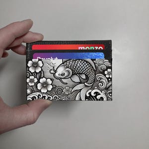 Koi Carp & Flowers print slim wallet - Leather custom card holder - Fish printed wallet - Gift for Him - Gift for her - Kids wallet