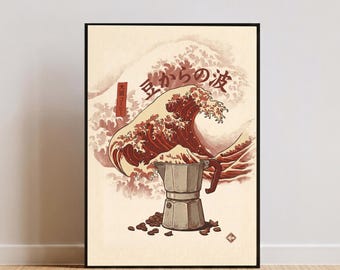 Póster de cafetera Moka Wave, arte de cocina Japandi, lámina Ukiyo-e para imprimir (descarga digital)
