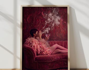 Pink Feather Coat Woman Print, Moody Lounge Art, Retro Bar Cart Decor (Digital Download)