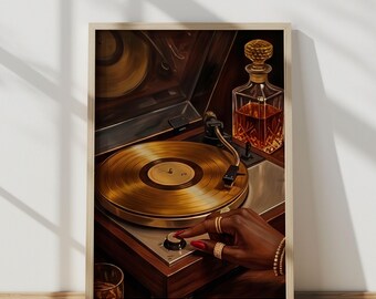 Illustrazione di un giradischi vintage dall'atmosfera malinconica / Poster di lusso con donna nera e whisky (Arte digitale)