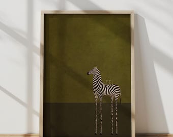 Stampa artistica surreale di un Martini con zebra, decorazione eclettica per carrello bar, poster stravagante con animali (download digitale)