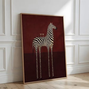 Quirky Zebra Martini Poster, Surreal Animal Wall Art, Burgundy Bar Cart Decor (Physical Print) immagine 1