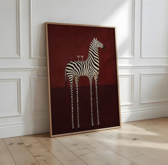 Quirky Zebra Martini Poster, Surreal Animal Wall Art, Burgundy Bar Cart Decor (Physical Print)