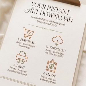 Puede incluir: Un documento blanco en un portapapeles con texto e iconos marrones que detallan un proceso de cuatro pasos: 1. PURCHASE, 2. DOWNLOAD, 3. PRINT y 4. ENJOY. El encabezado dice YOUR INSTANT ART DOWNLOAD y abajo incluye el logo BRI PRINTS.