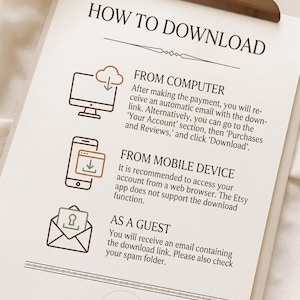 Puede incluir: Un documento de instrucciones titulado HOW TO DOWNLOAD en un portapapeles. Detalla los pasos para descargar archivos desde una computadora, dispositivo m&oacute;vil y como invitado, con iconos de computadora, tel&eacute;fono y sobre. Incluye el texto BRI PRINTS.