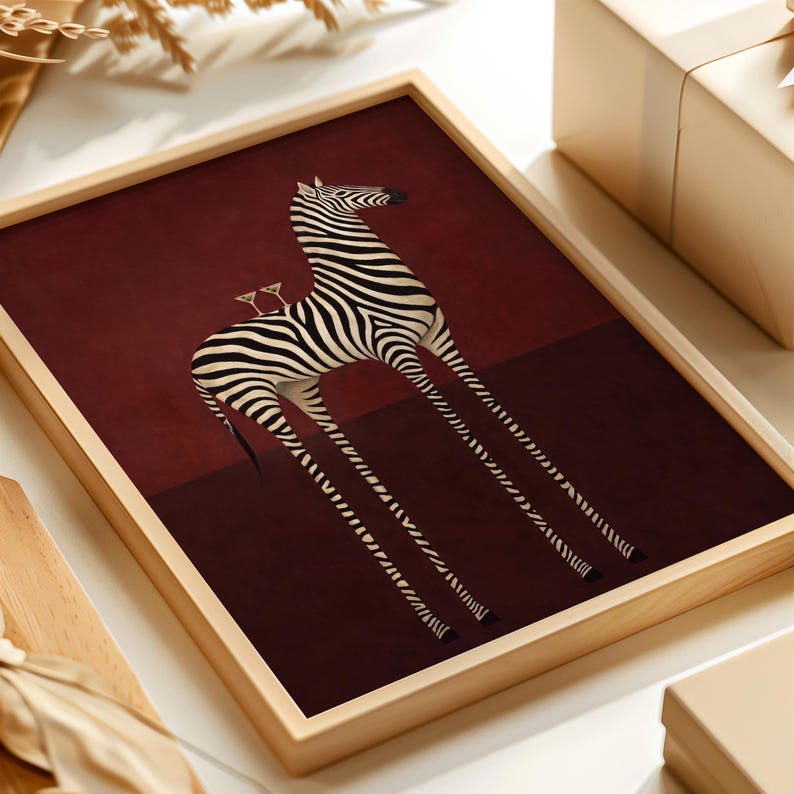 Quirky Zebra Martini Poster, Surreal Animal Wall Art, Burgundy Bar Cart Decor (Physical Print) immagine 15