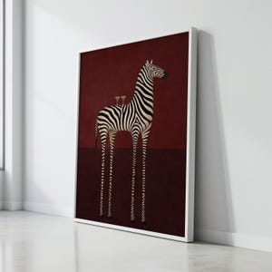 Quirky Zebra Martini Poster, Surreal Animal Wall Art, Burgundy Bar Cart Decor (Physical Print) immagine 4