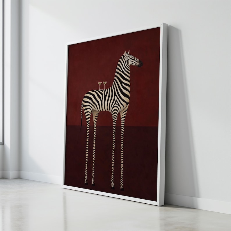 Quirky Zebra Martini Poster, Surreal Animal Wall Art, Burgundy Bar Cart Decor (Physical Print) immagine 4