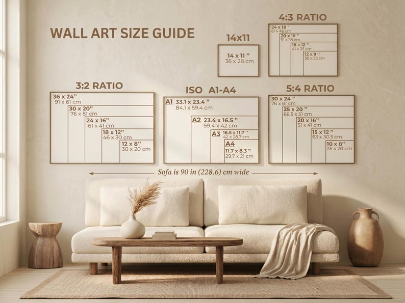 Puede incluir: Una gu&iacute;a de tama&ntilde;os para arte de pared que muestra varias relaciones de aspecto, incluyendo 3:2, 4:3, 5:4, 14x11 e ISO A1-A4 con dimensiones en pulgadas y cent&iacute;metros. La gu&iacute;a est&aacute; situada sobre un sof&aacute; beige de 228,6 cm de ancho.