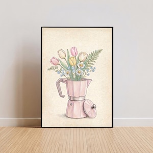 May include: A framed watercolour print depicting a pink coffee pot filled with a floral arrangement. The flowers include pink, yellow, and white tulips, daisies, and ferns. The artwork is set against a neutral background.