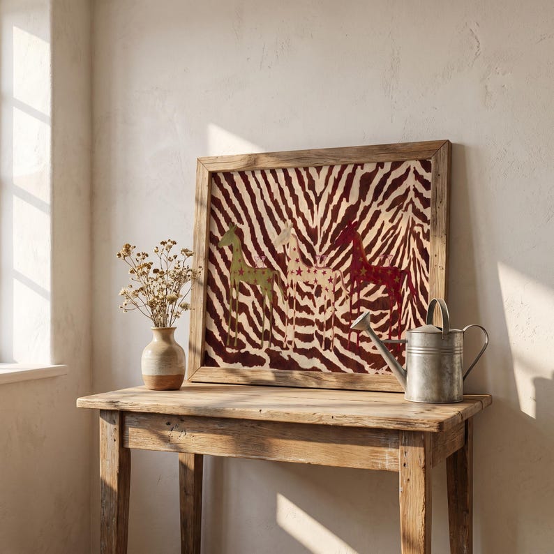 Puede incluir: Una pieza de arte mural rectangular enmarcada que presenta un fondo de rayas de cebra en marr&oacute;n y blanco con tres figuras de caballos estilizadas en verde, blanco y rojo, cada una decorada con peque&ntilde;os patrones de estrellas, en un marco de madera.
