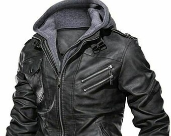 leather jacket with fur hood