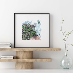 May include: A framed watercolor painting of a small patch of green plants growing out of a bed of snow. The painting is displayed on a wooden shelf with a clear glass vase containing a small green plant.