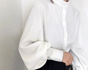 PUFF Sleeves High Neck Long Sleeves Shirt Top Women Office Outfit Black Blouse-court top