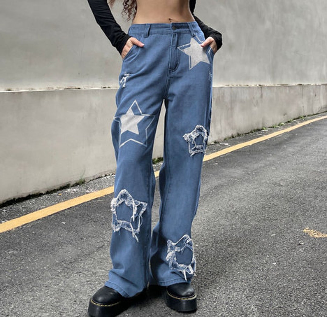 Vintage Star Jeans Pocket Stitching Straight Denim Pants Women - Etsy