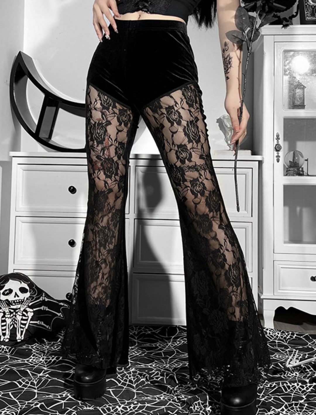 Black High Waist Mesh Flare Gothic Pantssheer Lace and Mesh - Etsy