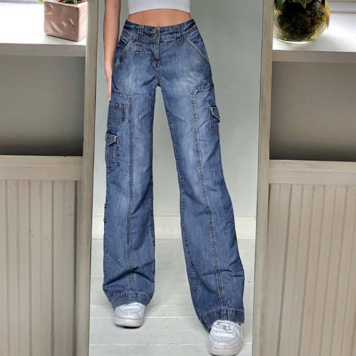 Street High-waist Straight-leg Casual Jeans Irregular Pocket - Etsy