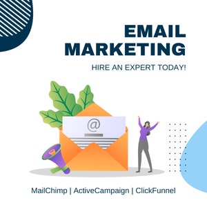 Pode incluir: Uma ilustração de um envelope de e-mail aberto com um símbolo de arroba, um megafone e uma pessoa levantando os braços em comemoração. O texto "EMAIL MARKETING" e "HIRE AN EXPERT TODAY!" é exibido acima da ilustração. Abaixo da ilustração, o texto "MailChimp | ActiveCampaign | ClickFunnel" é exibido.