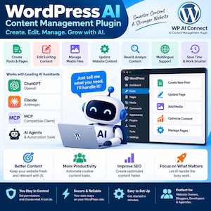 May include: A digital infographic for the WordPress AI Content Management Plugin. It features a white robot using a laptop, a WordPress dashboard interface, and text detailing features like content creation, AI assistant integration, and SEO tools.