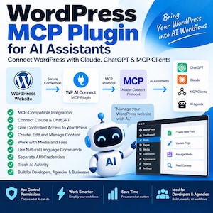 May include: An infographic titled WordPress MCP Plugin for AI Assistants. It features a flow chart connecting a WordPress website to AI tools like ChatGPT and Claude via the Model Context Protocol. A small white robot points to a dashboard interface.