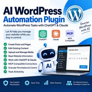 May include: A digital graphic for an AI WordPress Automation Plugin featuring a white robot with blue accents pointing at a laptop screen. The text includes AI WordPress Automation Plugin, Automate WordPress Tasks with ChatGPT & Claude.