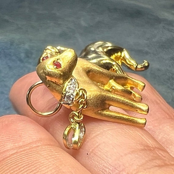 18k Gold 2 Dogs Pendant w Diamonds Emeralds Rubie… - image 5