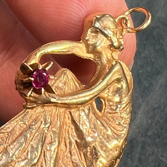 14k Gold Art Nouveau Dryad Goddess Pendant w Ruby… - image 4