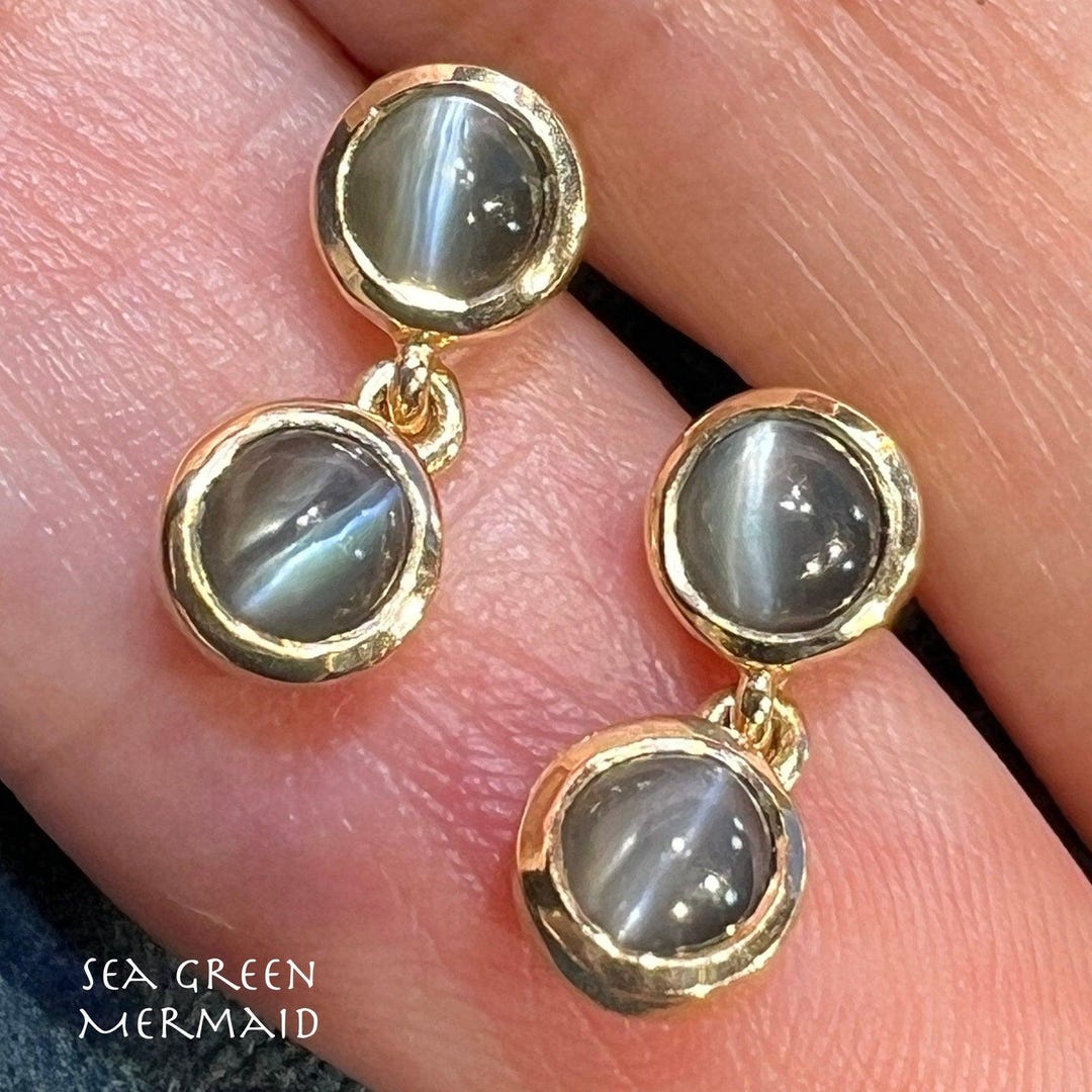 10k Gold Cats Eye Chrysoberyl Dangle Earrings. Tiny! *video* - Etsy