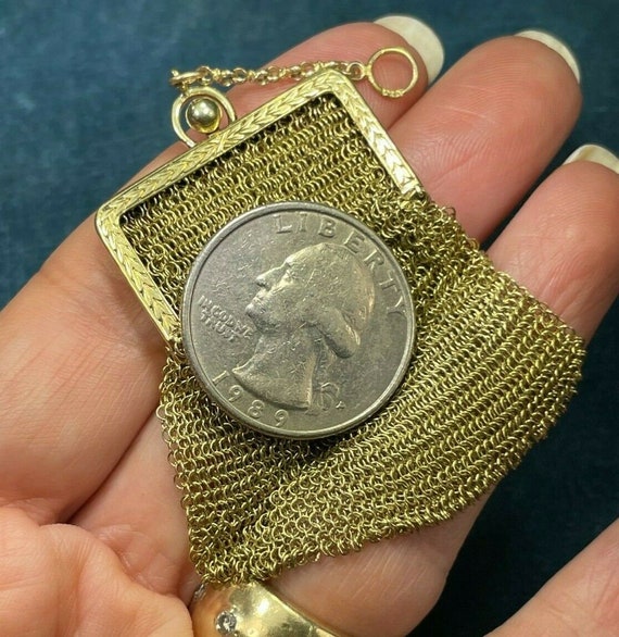 14k Yellow Gold Antique Mesh Coin Purse Pendant. … - image 10