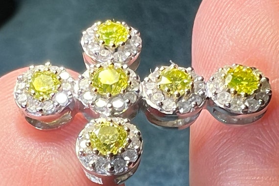 14k White Gold Canary Yellow + Clear Diamond Cros… - image 3