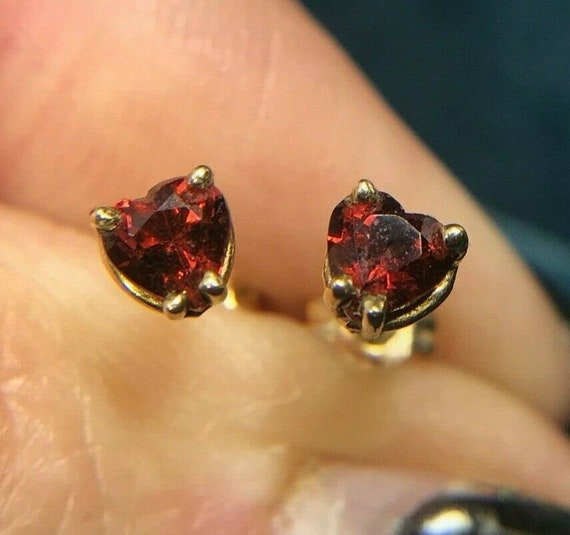 10k Yellow Gold Ruby Red Garnet Heart Earrings. T… - image 7