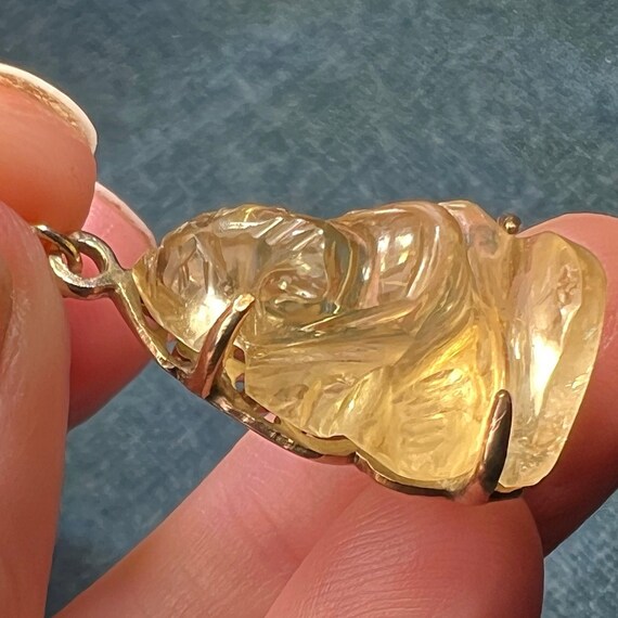 14k Gold Carved Lemon Citrine Ganesha Pendant. El… - image 6