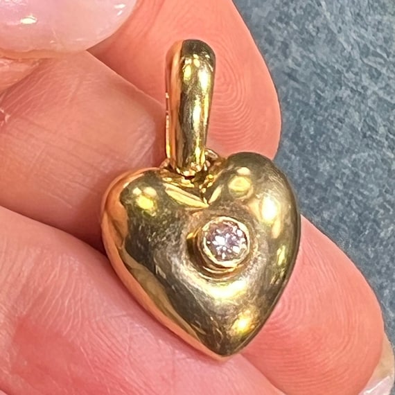14k Yellow Gold Domed HEART Pendant w Bezel Diamo… - image 7