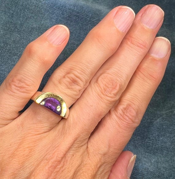 18k Yellow Gold and Silver Amethyst Half Moon Ring - Designer! View 2