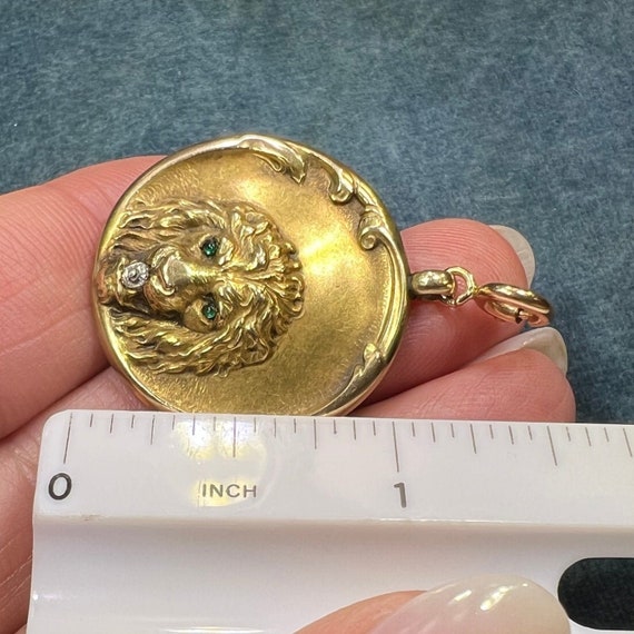 10k Gold Repousse LION Pendant w Diamond. Art Nou… - image 10